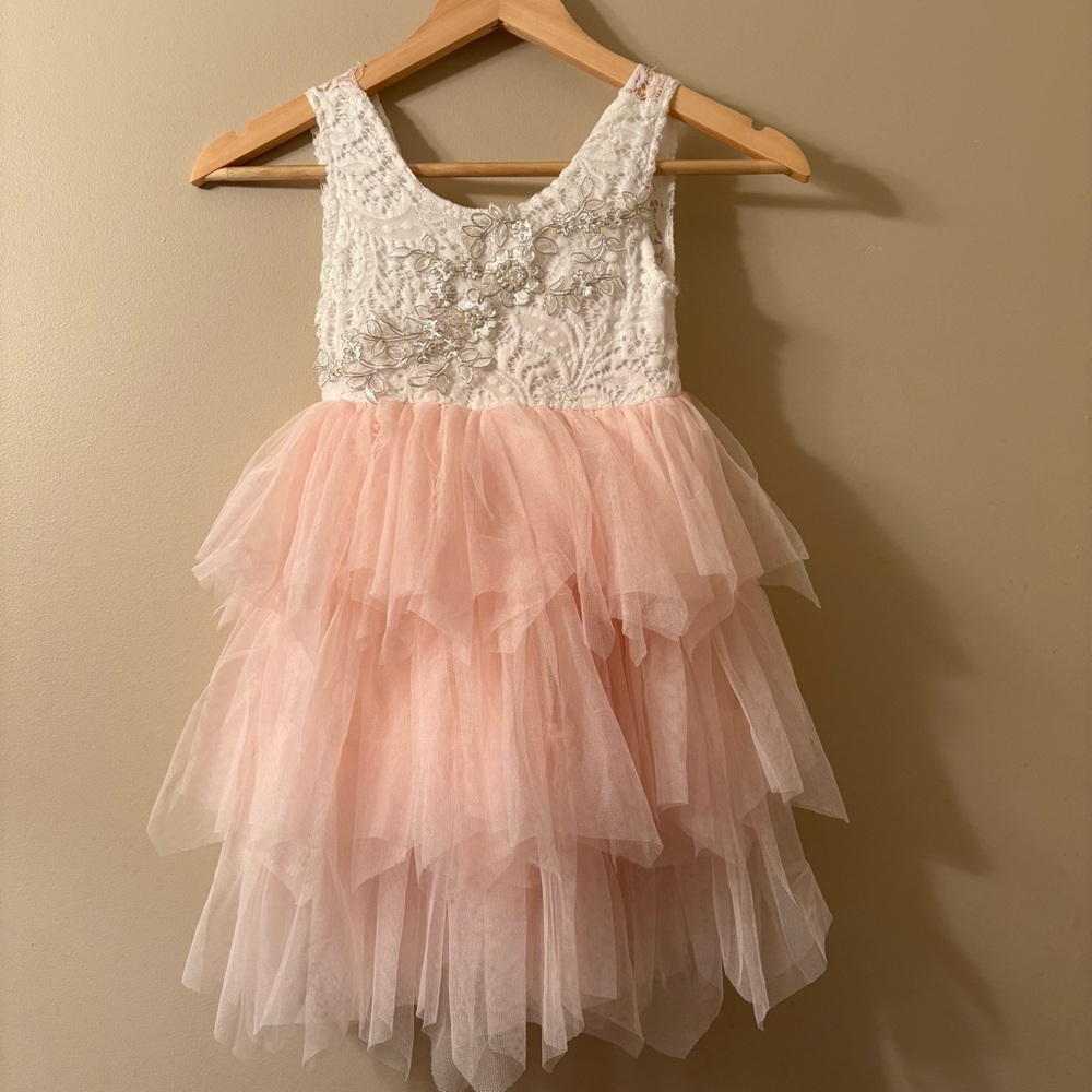 White & Blush Pink Layered Tulle Dress Girls Size 5